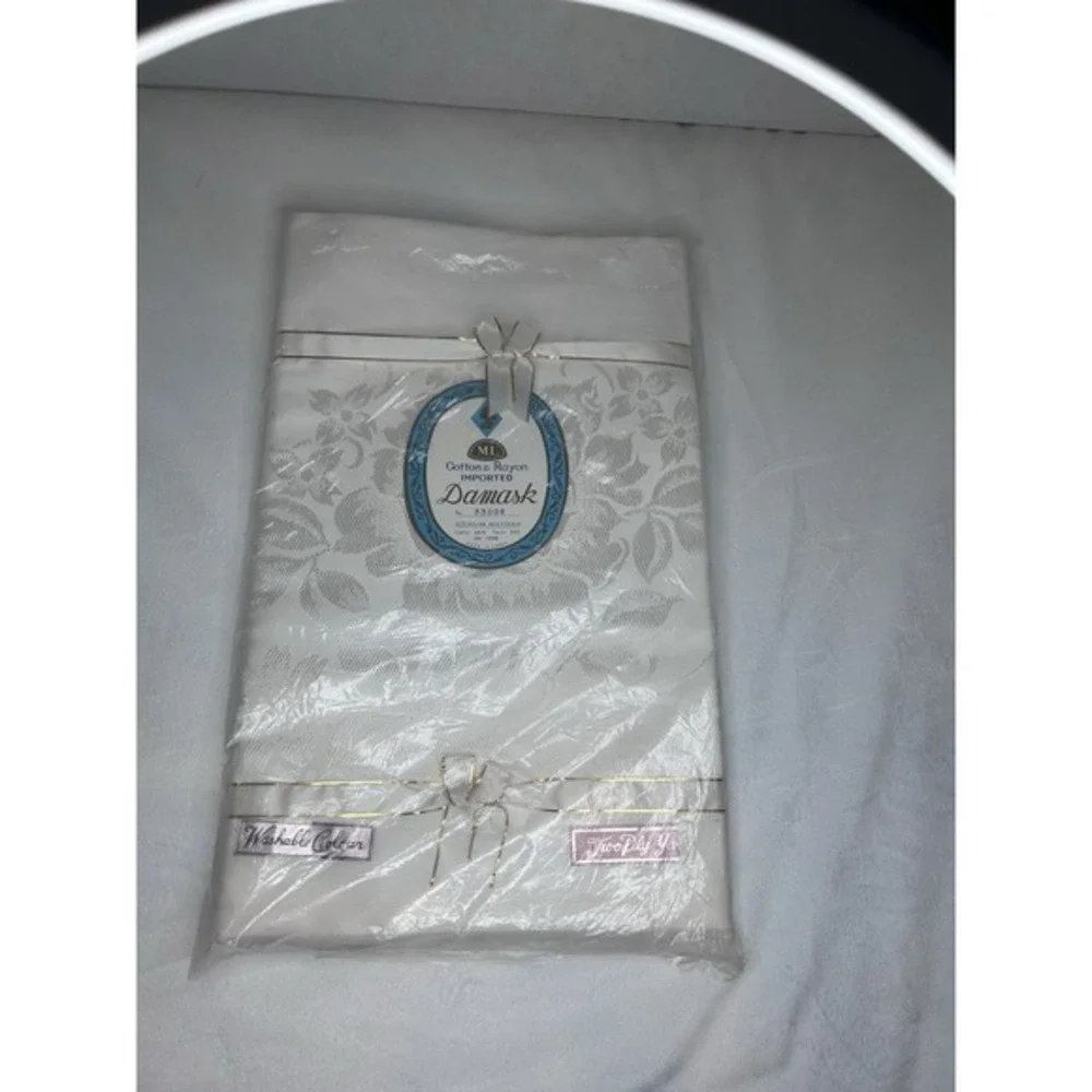 Vintage Damask Linen Tablecloth floral Cream cotton rayon Japan 50x66